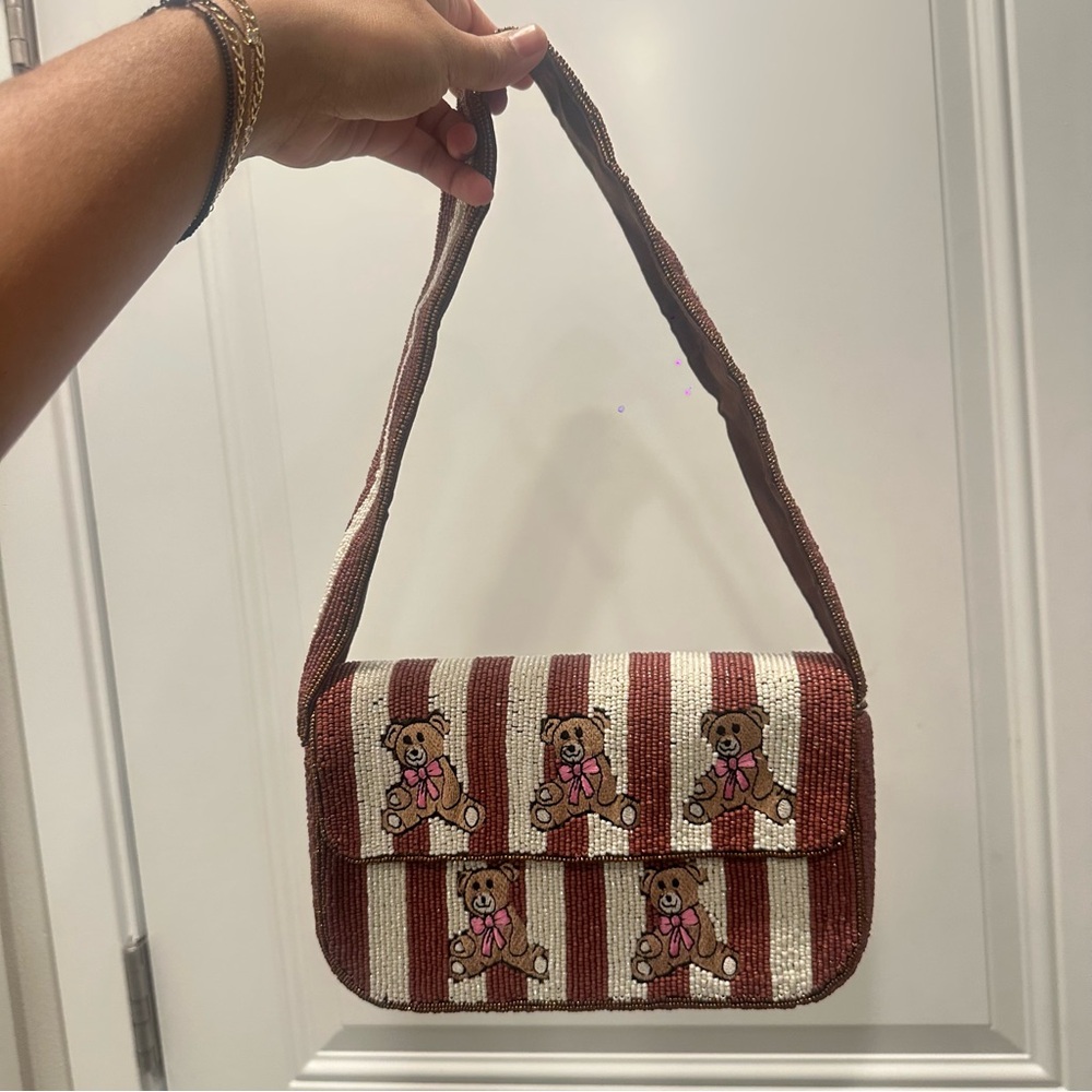 Viral Beaded Shoulder Bag Brown Stripe Coquette Teddy Bear Bow Theme NWT - Picture 2 of 4